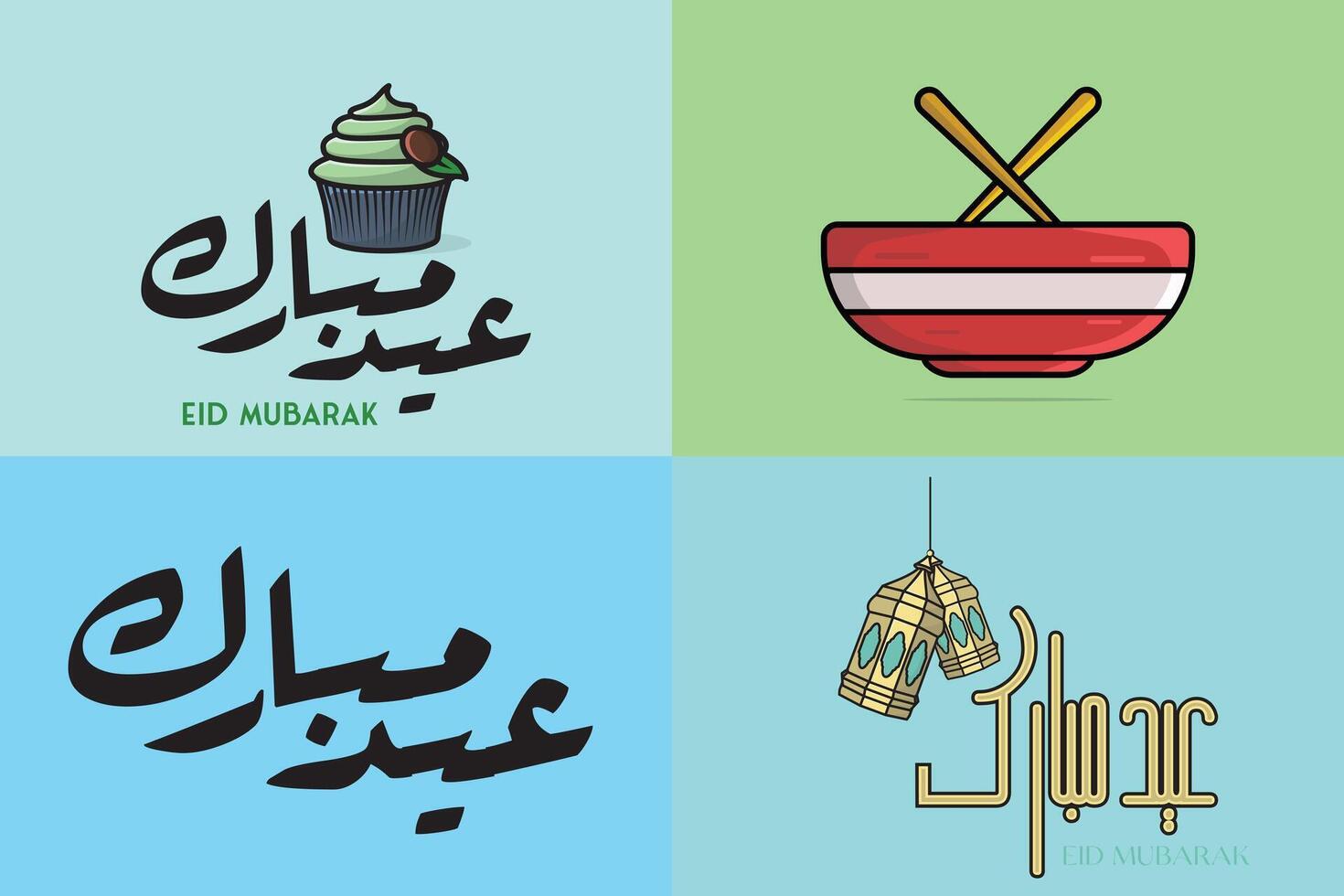 Collection of Eid Mubarak Islamic background with Bowl, Ice cream, and Mosque illustration. vector