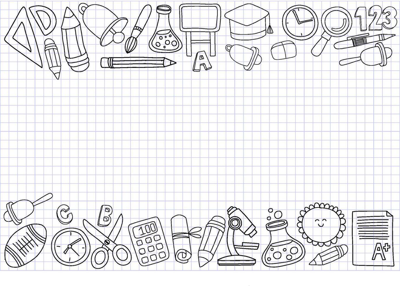 Back to School banner with hand draw doodle background. School clipart. doodle school icons and symbols. Hand drawn studying education objects. vector