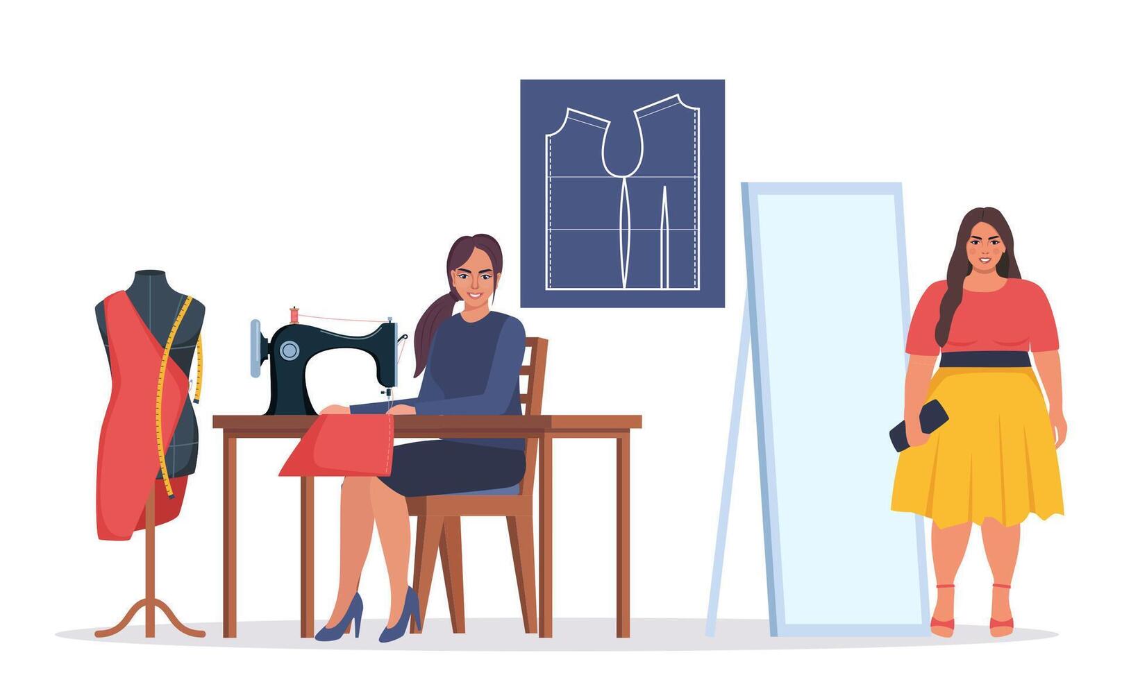 Female dressmaker or seamstress working on sewing machine. Seamstress client tries on a dress in front of a mirror in an atelier. Fashion designer at workplace. Tailor with a mannequin. . vector