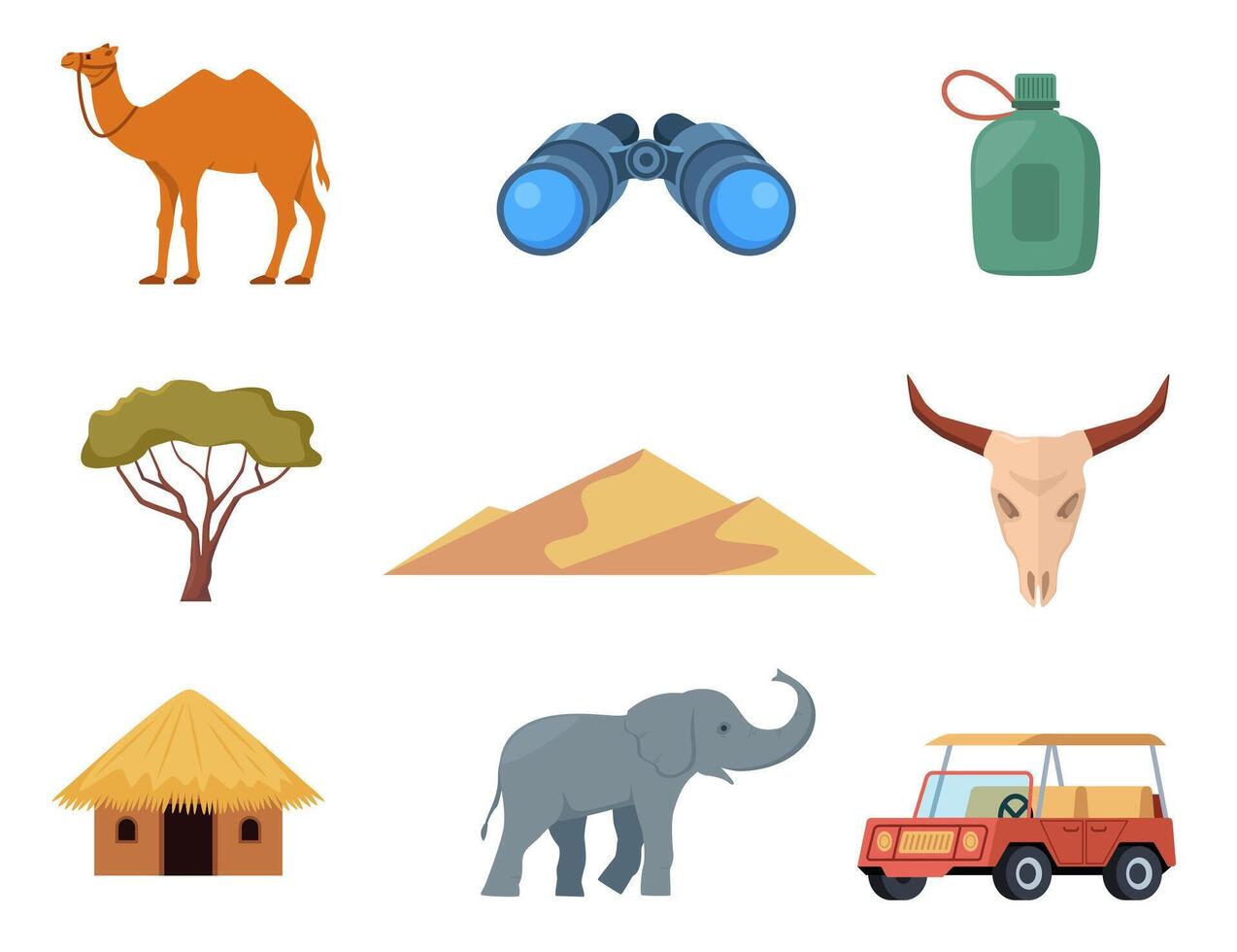 Africa and Safari tourist equipment elements and icons. Binocular, water flask, hut, camel, dunes, safari jeep, elephant. . vector