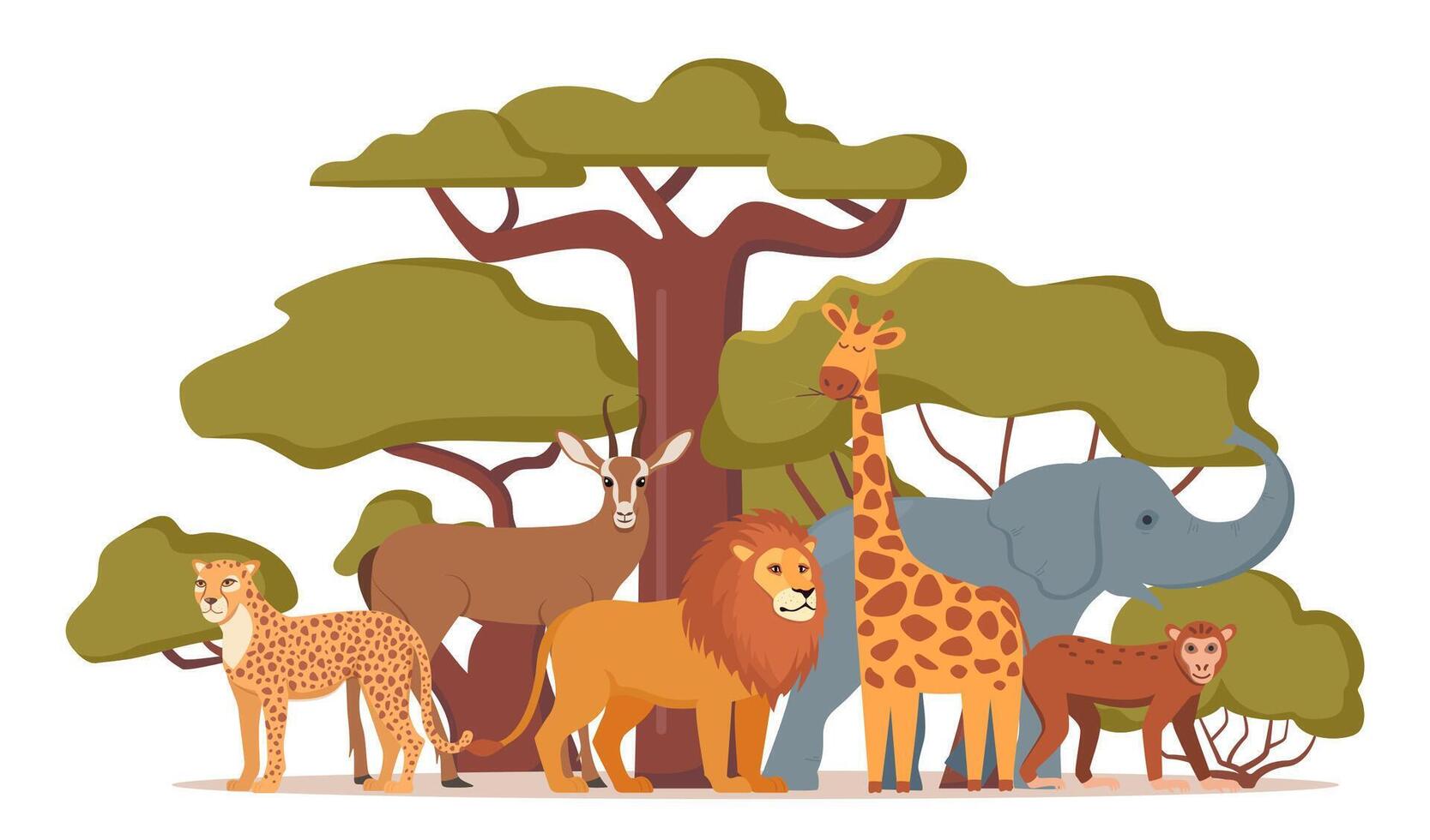 African animals, cute composition of characters. Elephant, giraffe, camel, cheetah, lion, flamingo, vulture, monkey. Wildlife animal of Africa, exotic safari travel. . vector