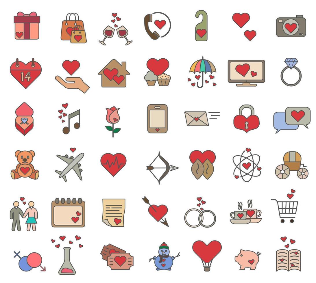 Romantic symbols. Color icons of romance with strokes. Set of Valentine's Day elements. vector