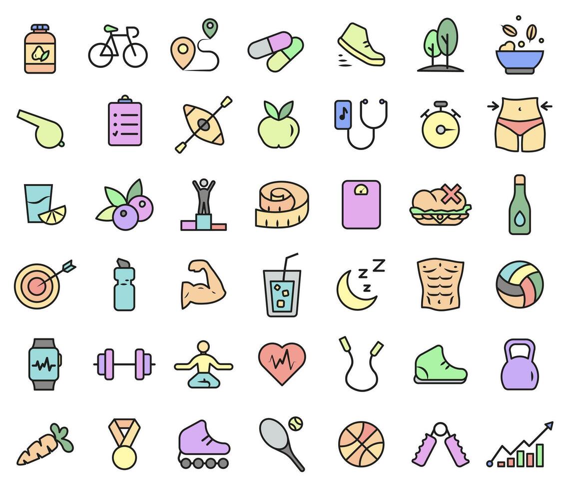 Sports and physical exercises. Basics of health. Healthy Lifestyle. Colored icons with strokes. vector