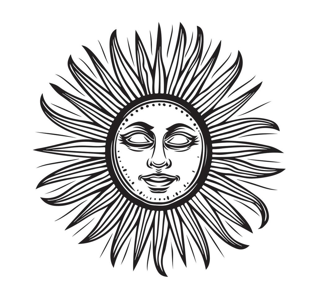 Sun with rays in vintage engraving style. vector