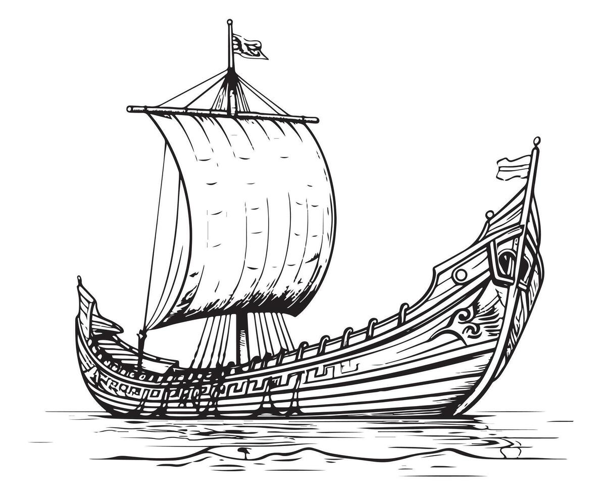 Drakkar Viking ship. Medieval military boat with sails vector