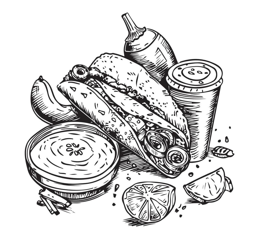 Mexican food.Taco sketch hand drawn food Restaurant vector