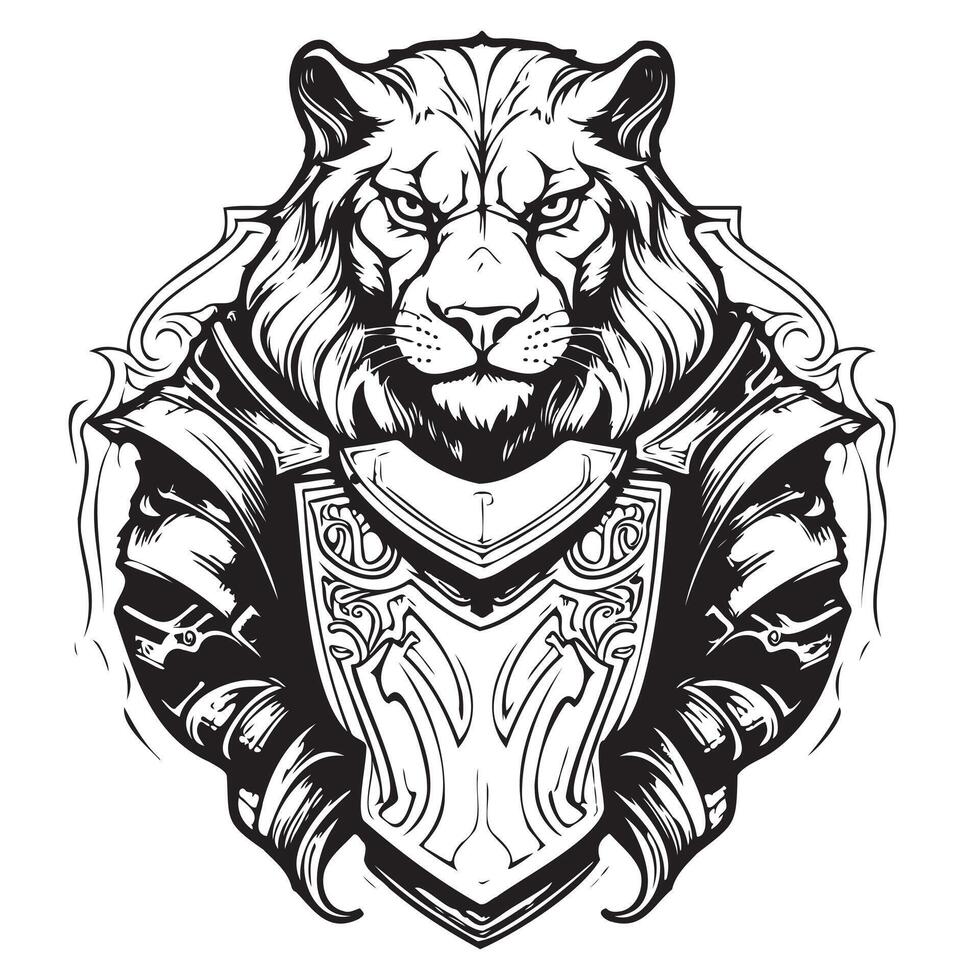 Tiger in armor simple heraldic shield - black and white design for security concept vector