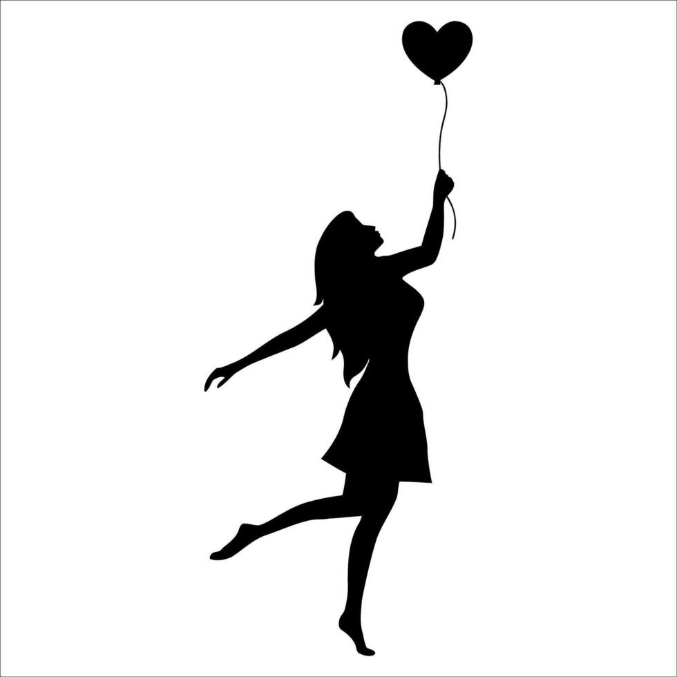 silhouette of a girl holding a heart shaped balloon vector