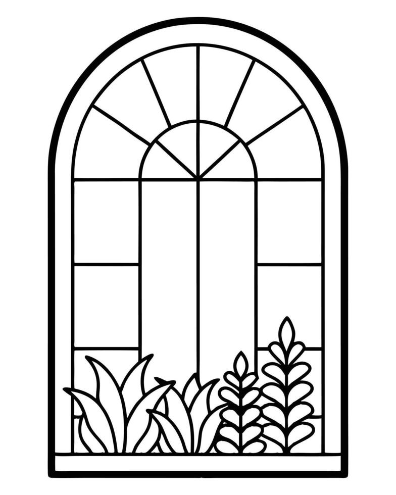 Window with a View of Botanical Garden in Line Art vector