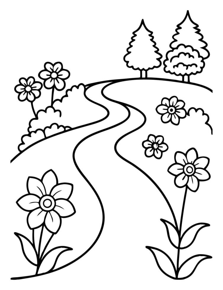 Garden Scene Line Art with Winding Path and Flowers vector