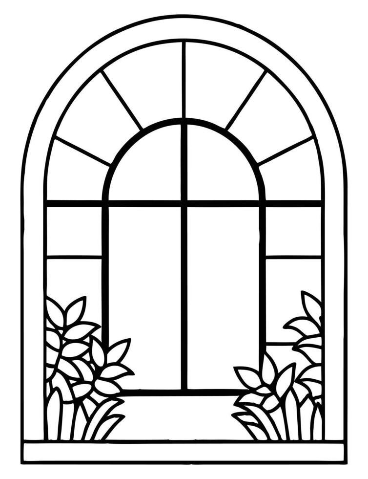 Window with a View of Botanical Garden in Line Art vector