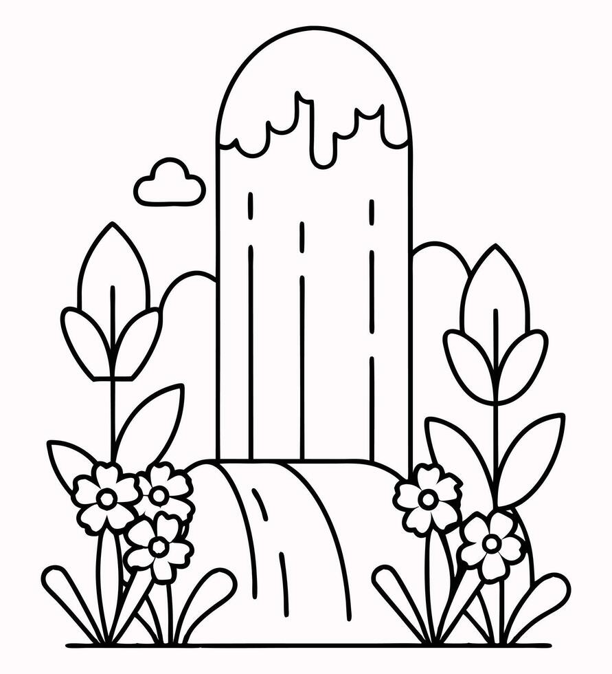 Waterfall Garden with Surrounding Flowers and Plants in Line Art vector