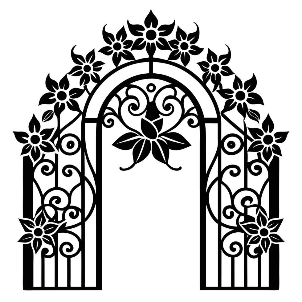 Ornate Garden Gate with Floral Designs Silhouette vector