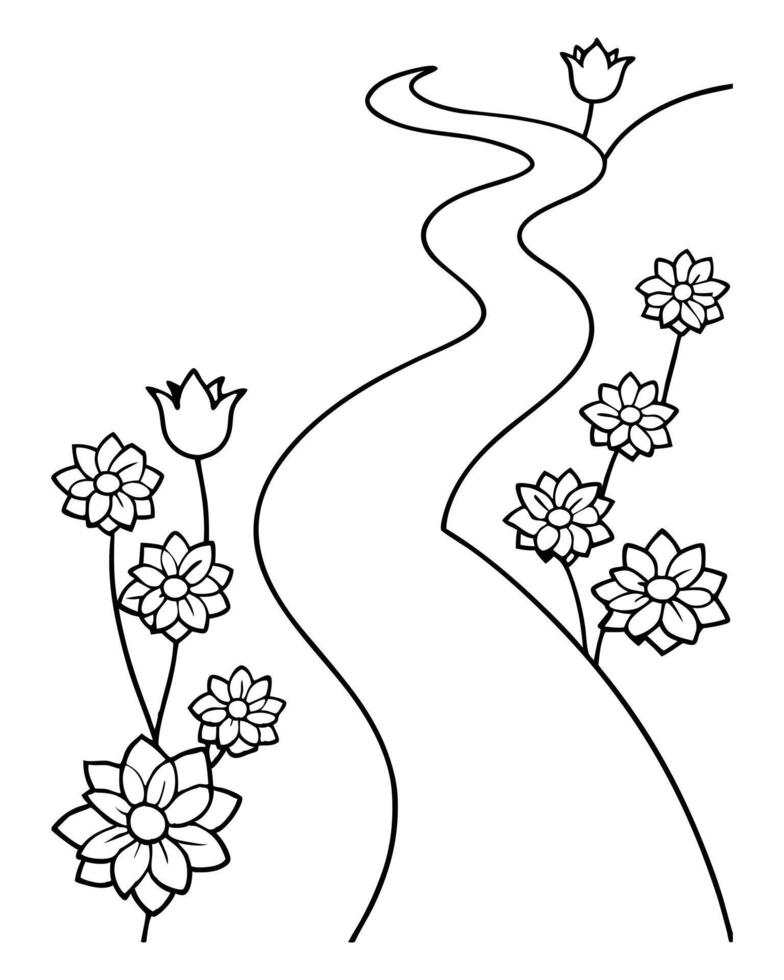 Garden Path Winding with Flowers Line Art vector