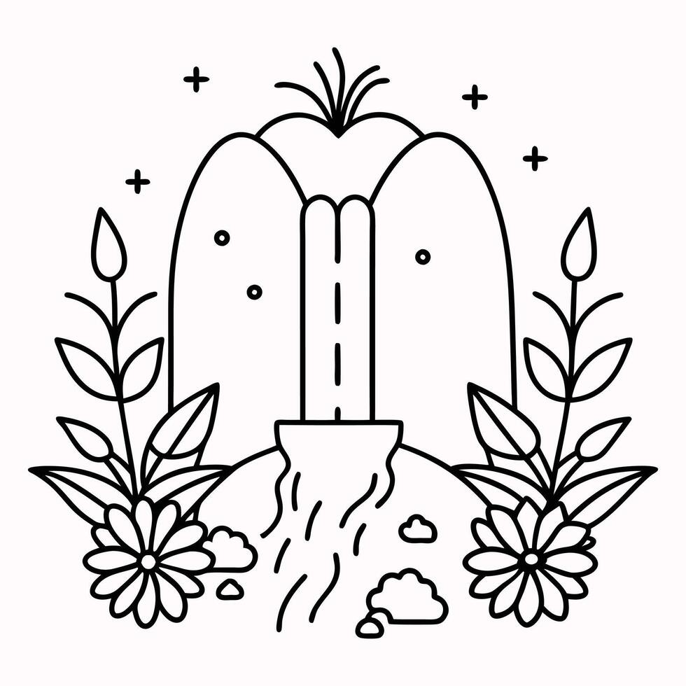 Waterfall Garden with Surrounding Flowers and Plants in Line Art vector
