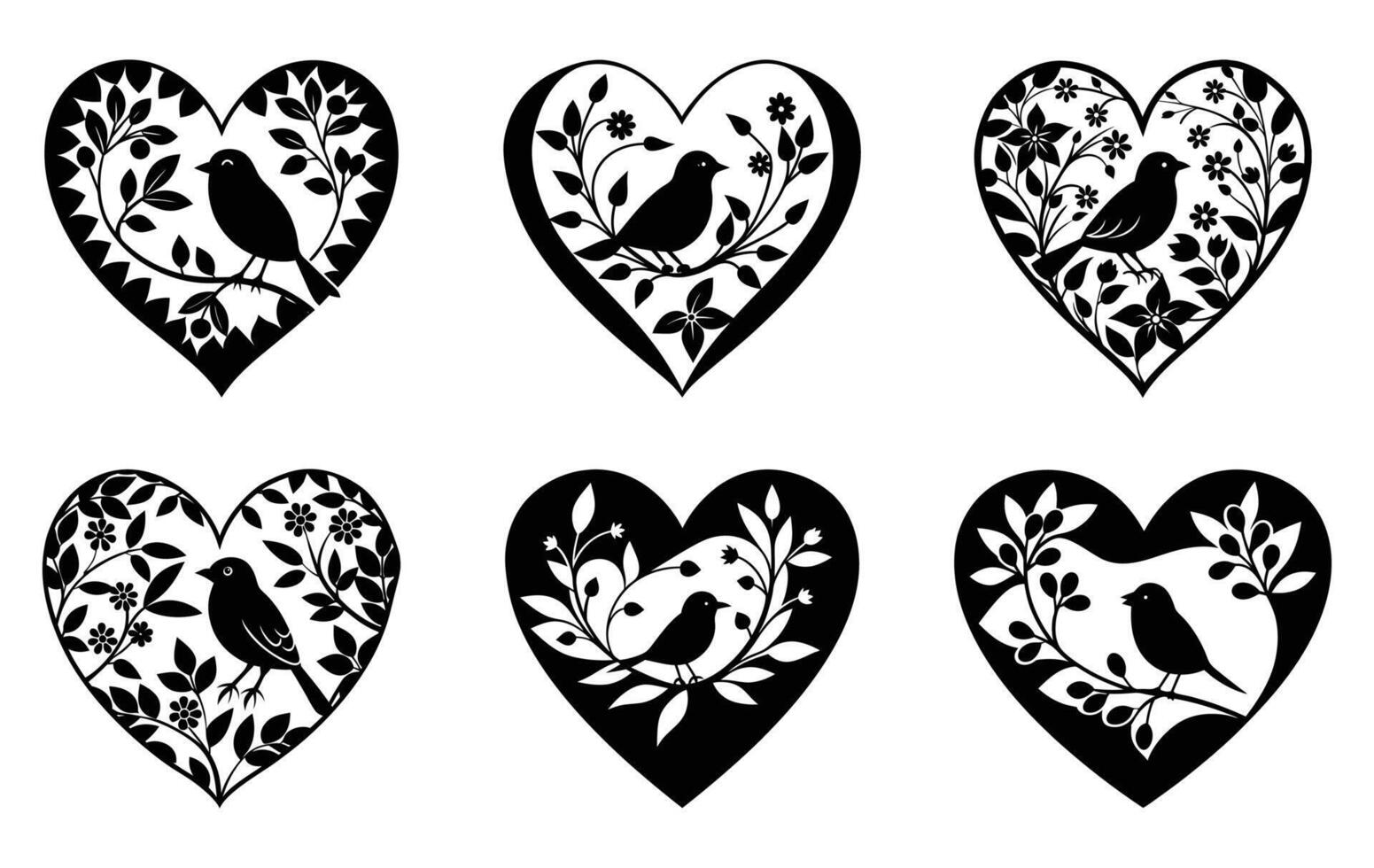 Heart-Shape Silhouette with Bird on Floral Branch Bundle vector