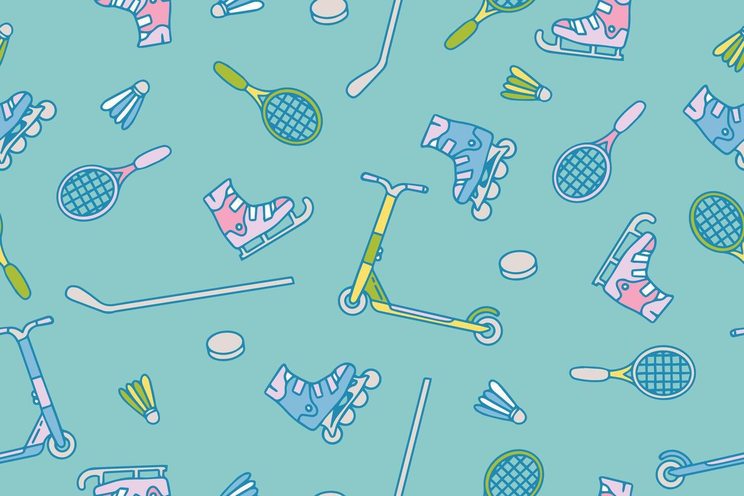 Seamless pattern with sports equipment. Colorful handmade sports equipment. Pattern on the theme of sports, healthy lifestyle. Background for use in design, packaging, website, fabric. vector