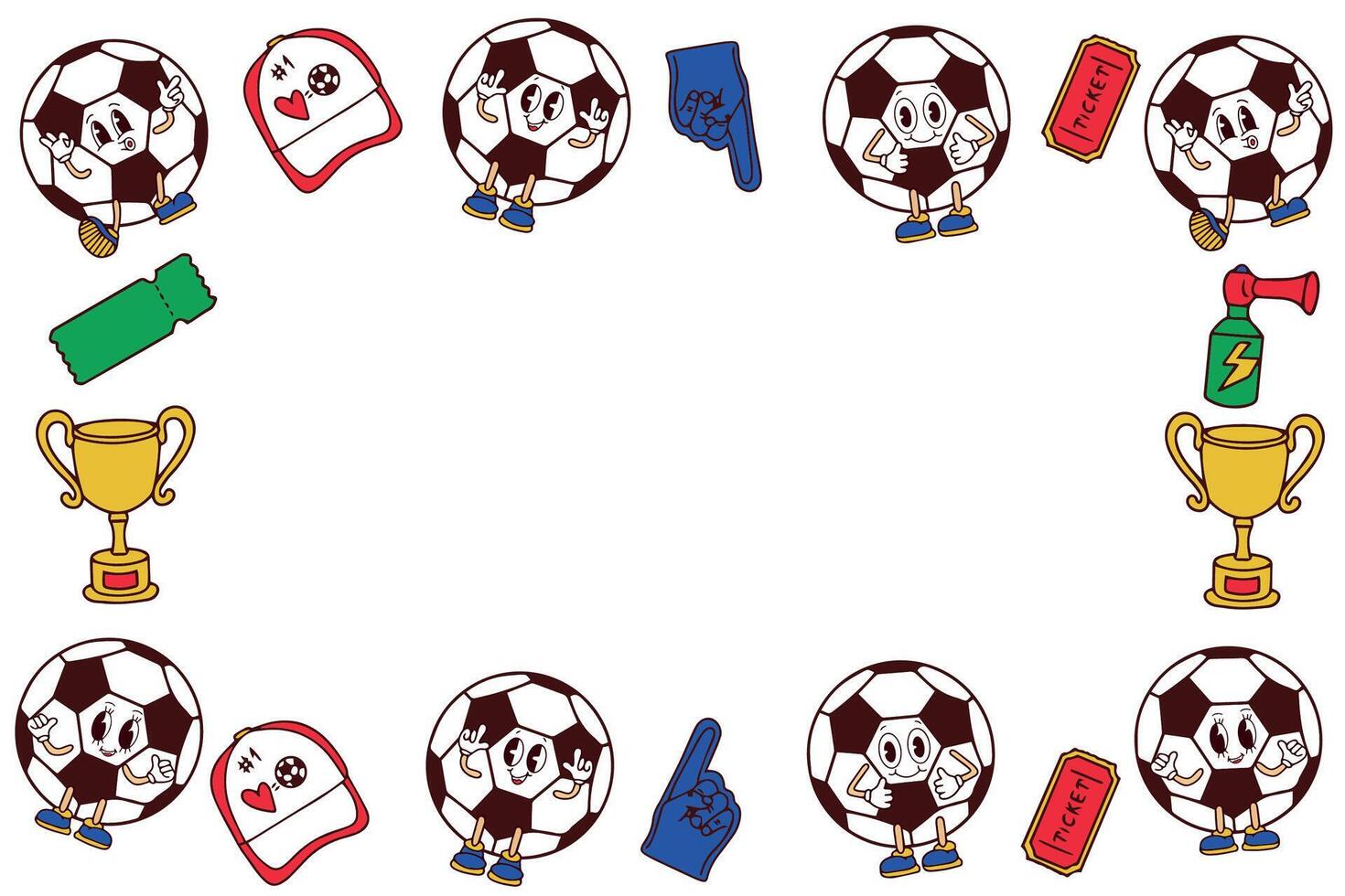 Background of cute funny happy soccer ball characters and football and fans attributes. Hand drawn Kawaii style football characters. . vector