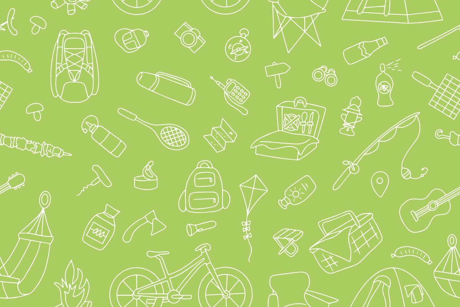 Seamless pattern on the theme of picnic, travel and camping. Doodle style. . illustration vector