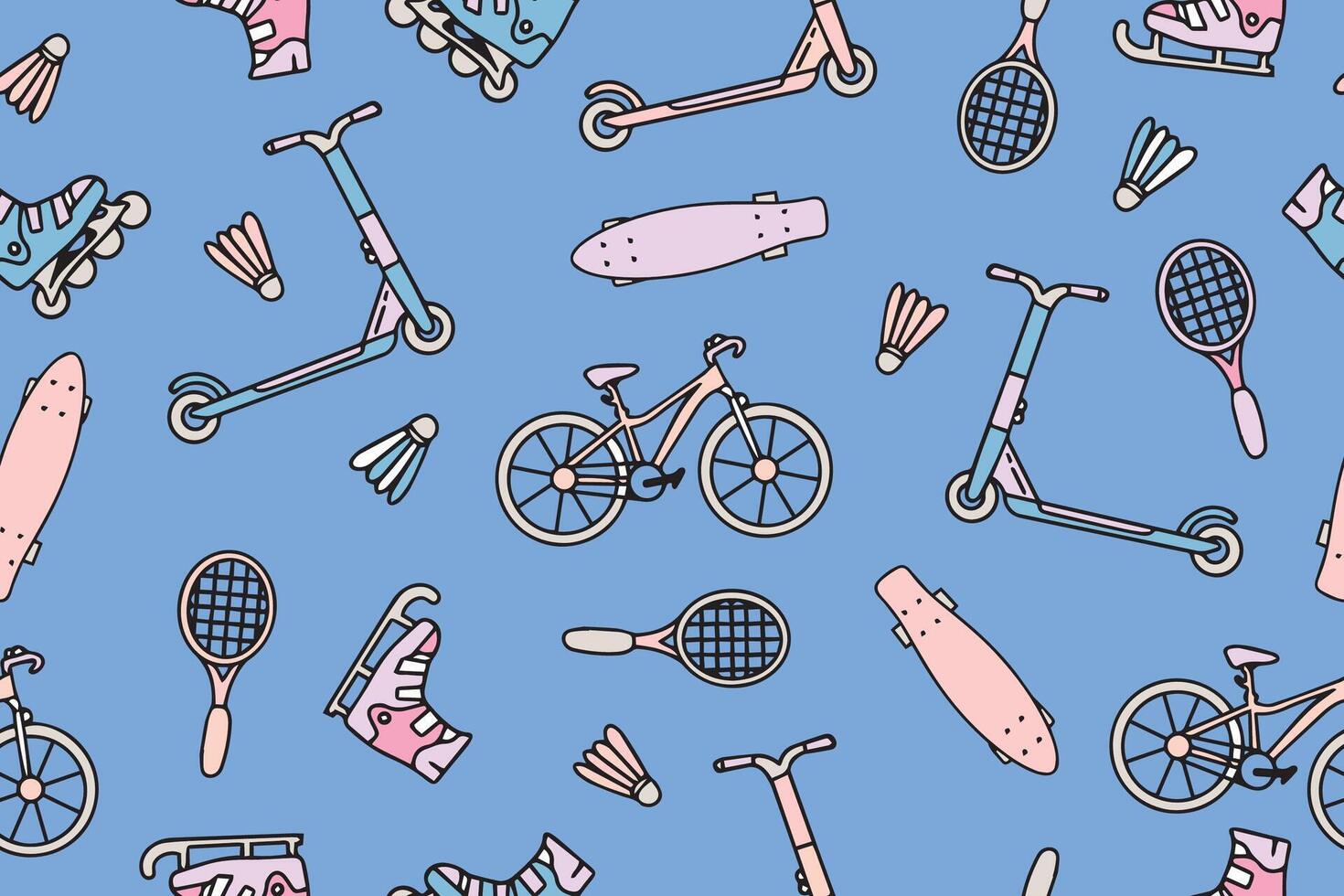 Seamless pattern with sports equipment. Colorful handmade sports equipment. Pattern on the theme of sports, healthy lifestyle. Background for use in design, packaging, website, fabric. vector