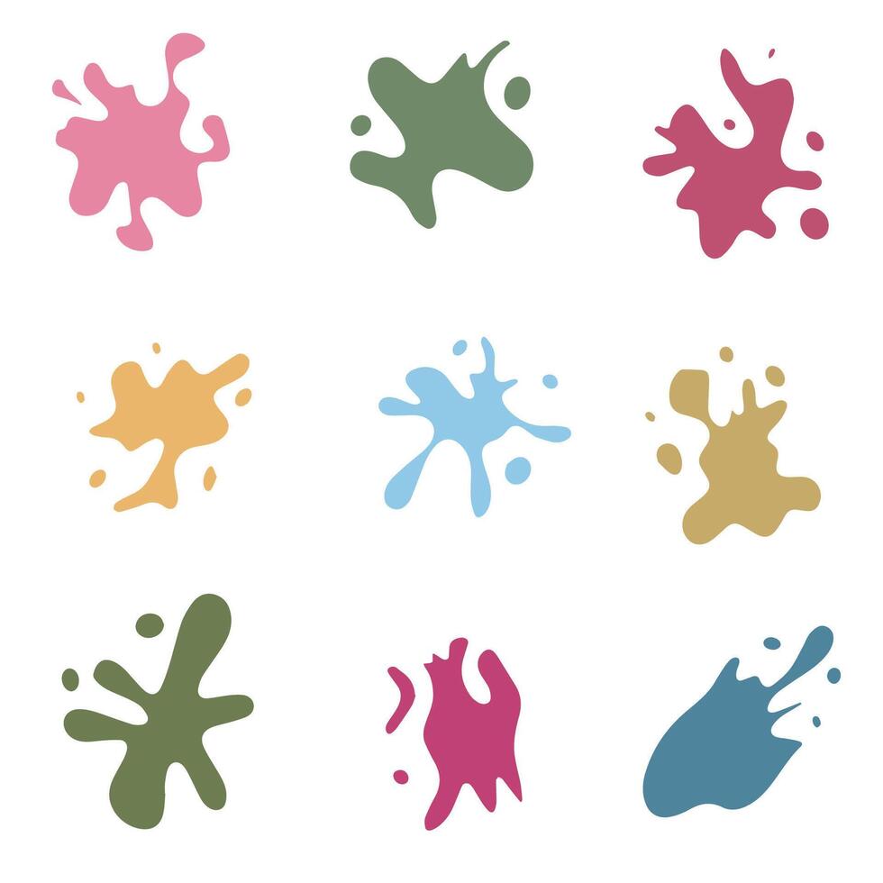 Set of colorful splashes. Bright spots, paint, set of design elements. Paint splatter colorful set. Round splash flat collection, decorative shapes liquids. Different splashes and drops. vector
