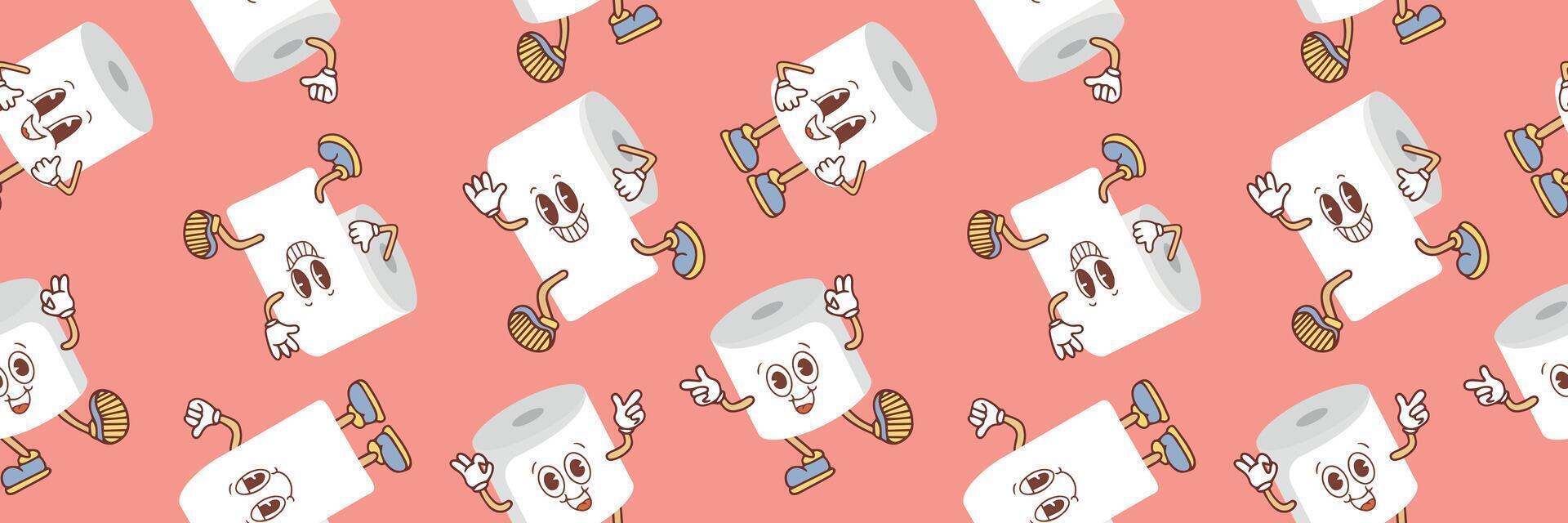 Seamless pattern with cute cartoon toilet paper rolls with faces in Kawaii style. vector