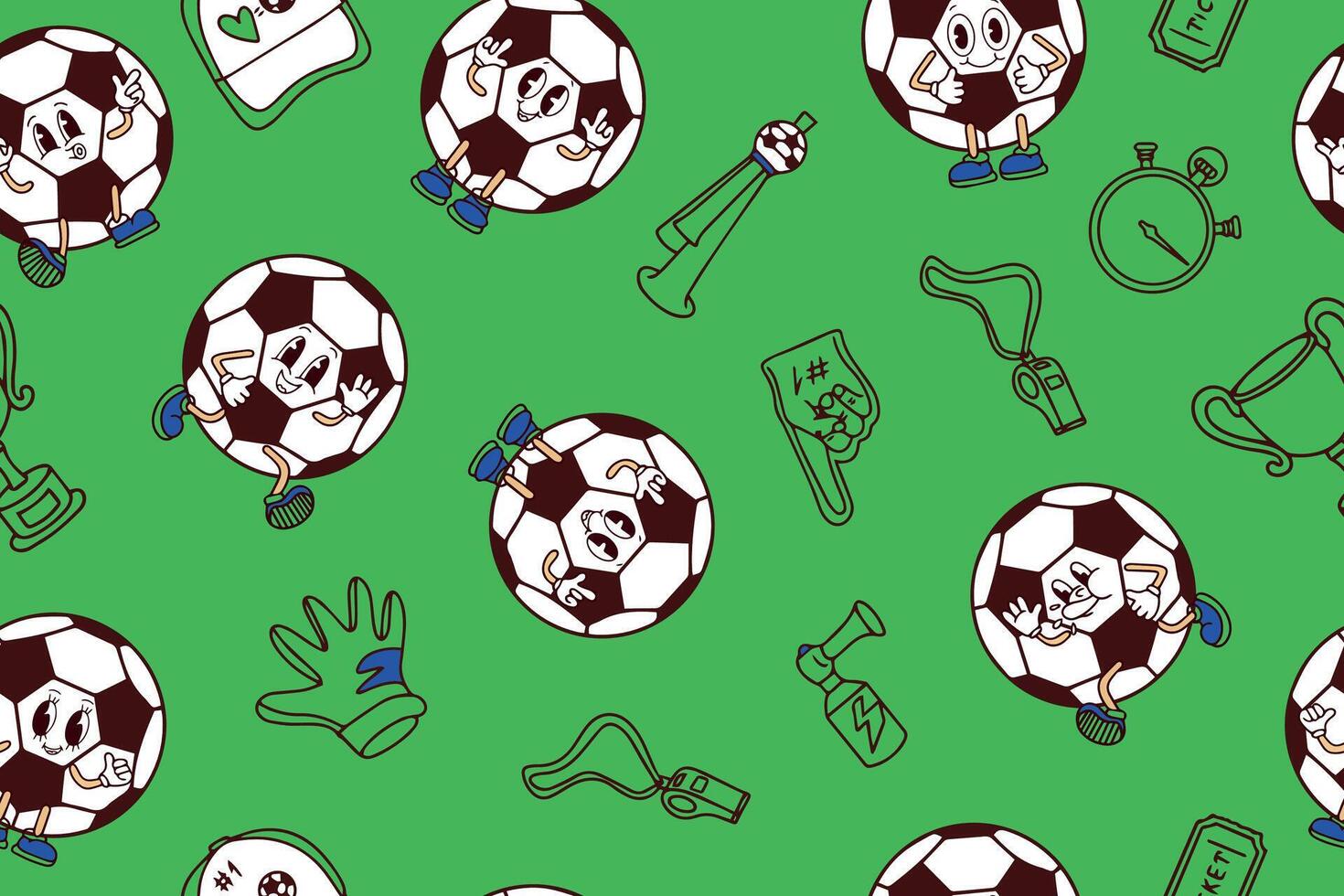 Seamless pattern of cute Funny happy soccer ball characters and football and fans attributes. Hand drawn kawaii cartoon characters. vector