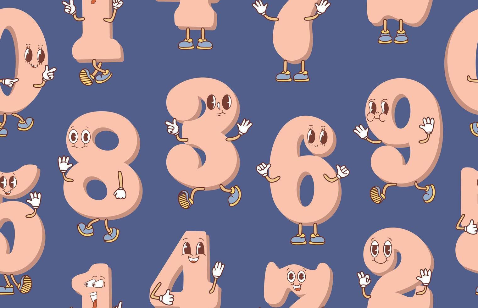 Seamless pattern of cute numbers with eyes, hands, feet. Kawaii style numbers. illustration vector
