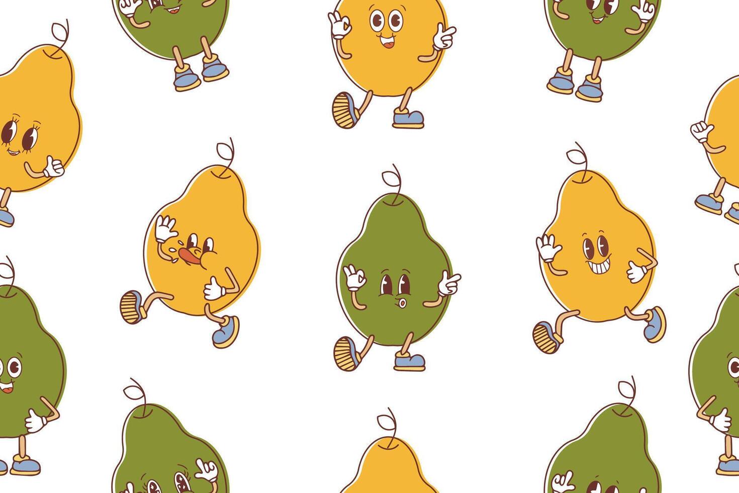 Seamless pattern of cute smiley faces on colorful pears. Funny cartoon pears in kawaii style. illustration vector