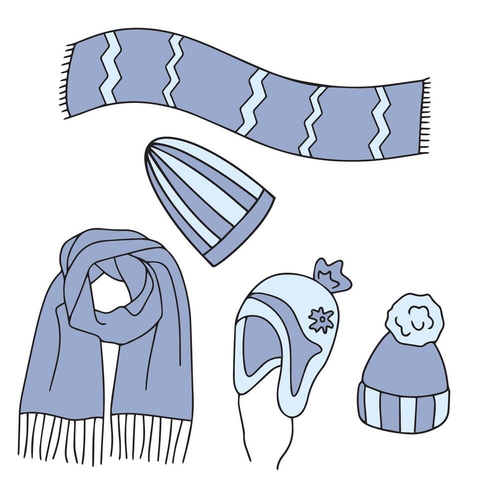 collection of warm autumn-winter clothes. Seasonal design elements. Knitted accessories. vector