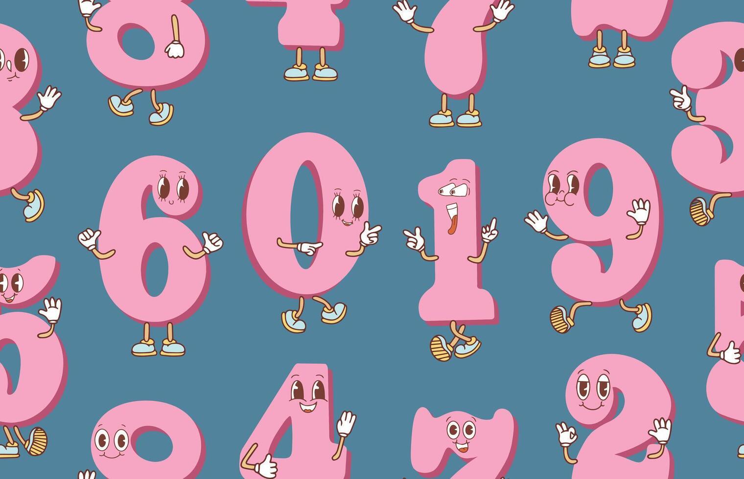 Seamless pattern of cute numbers with eyes, hands, feet. Kawaii style numbers. illustration vector