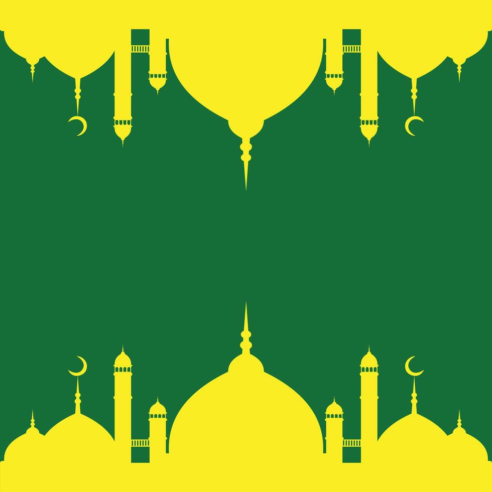 Silhouette a yellow mosque and minarets on green background. Ramadan Kareem greeting card template with mosque. Islamic background design element for many purposes vector