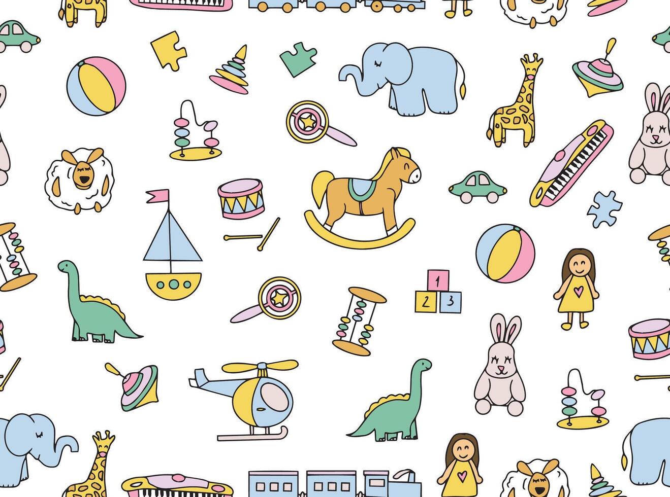 Seamless pattern in doodle style from children's toys. Bright toys in doodle style. illustration. vector