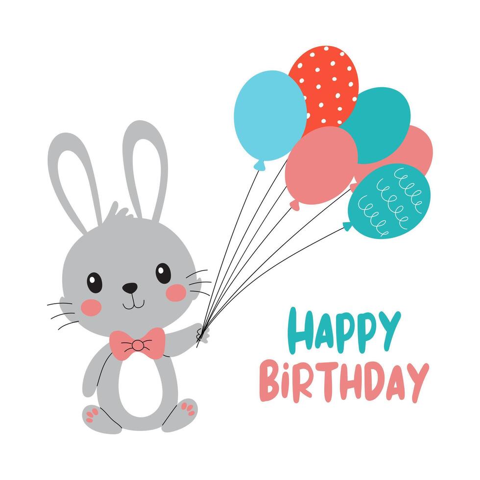 Cute little rabbit with balloons isolated on white. Happy birthday lettering. Holiday card design. vector