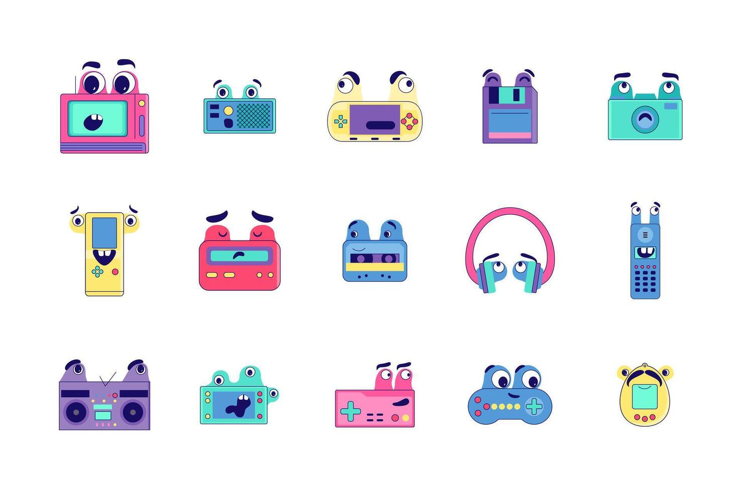 Cartoon Color Retro Gadget Mascots Icons Set. vector