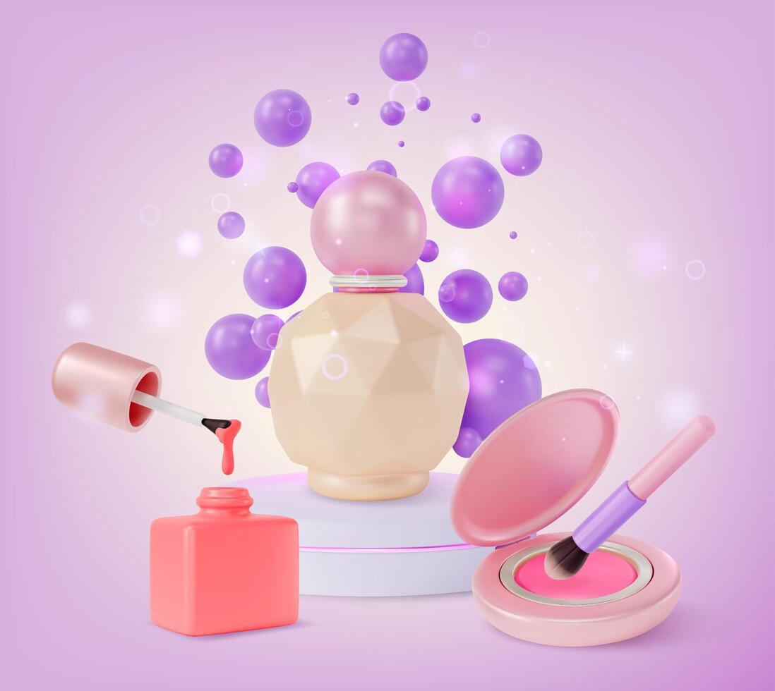 3d Makeup Cosmetic Product Concept Perfume, Blush, Brush and Nail Polish Cartoon Design Style vector