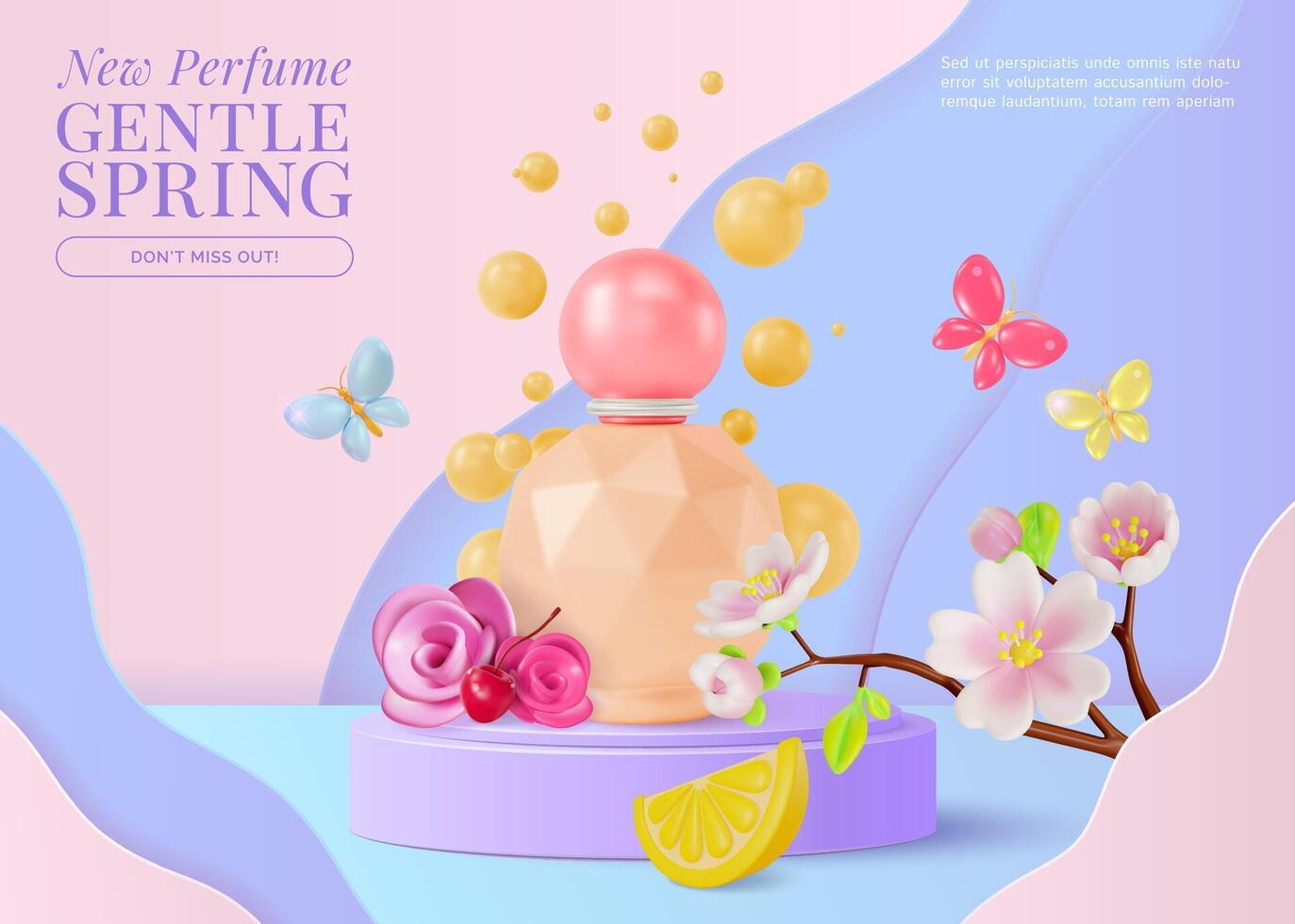 3d New Perfume Gentle Spring Cosmetic Product Concept Ads Banner Poster Card vector