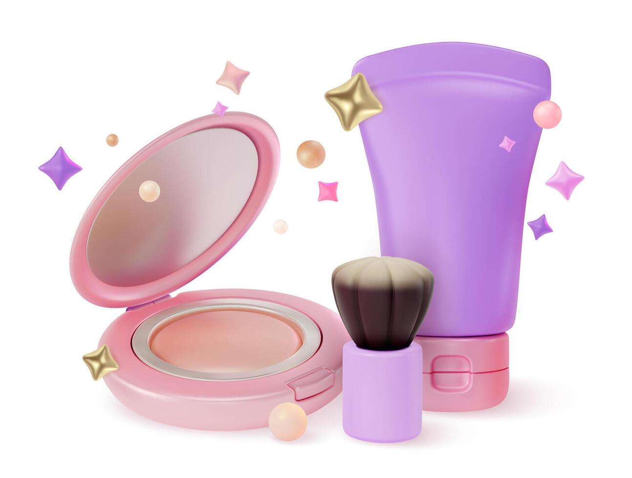 3d Makeup Cosmetic Product Concept Foundation, Powder and Brush Cartoon Design Style vector