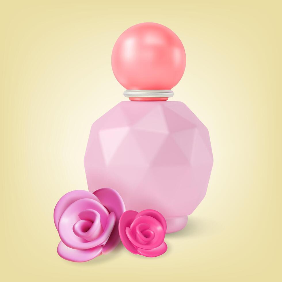 3d Perfume Bottle Product with Pink Rose Concept Cartoon Design Style vector