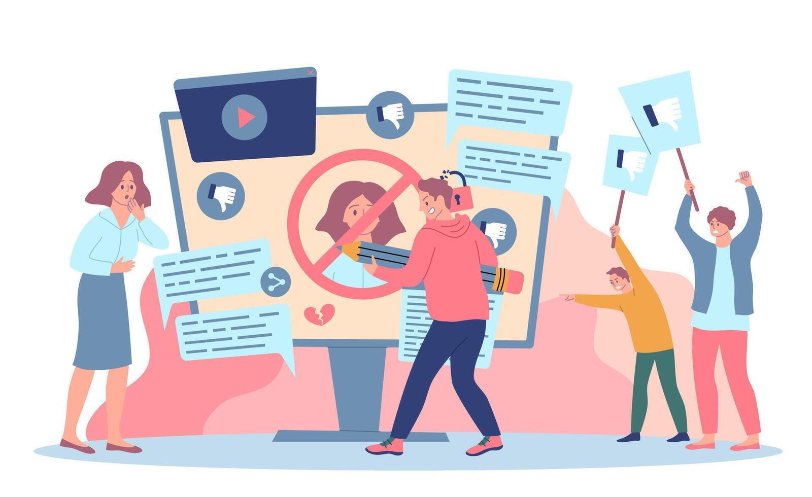 Cartoon Color Characters People and Cancelled Social Media Concept vector