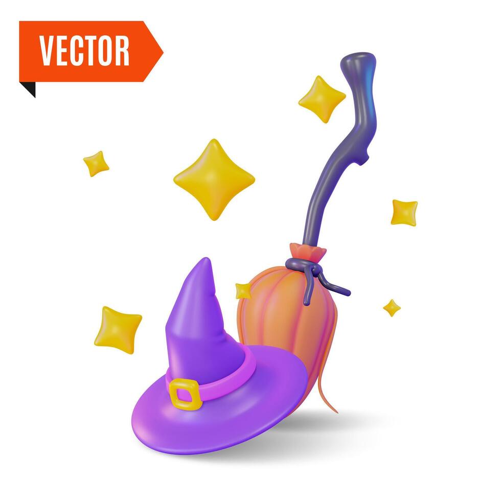 3d Witch Hat and Broom Halloween Concept Cartoon Design Style. vector