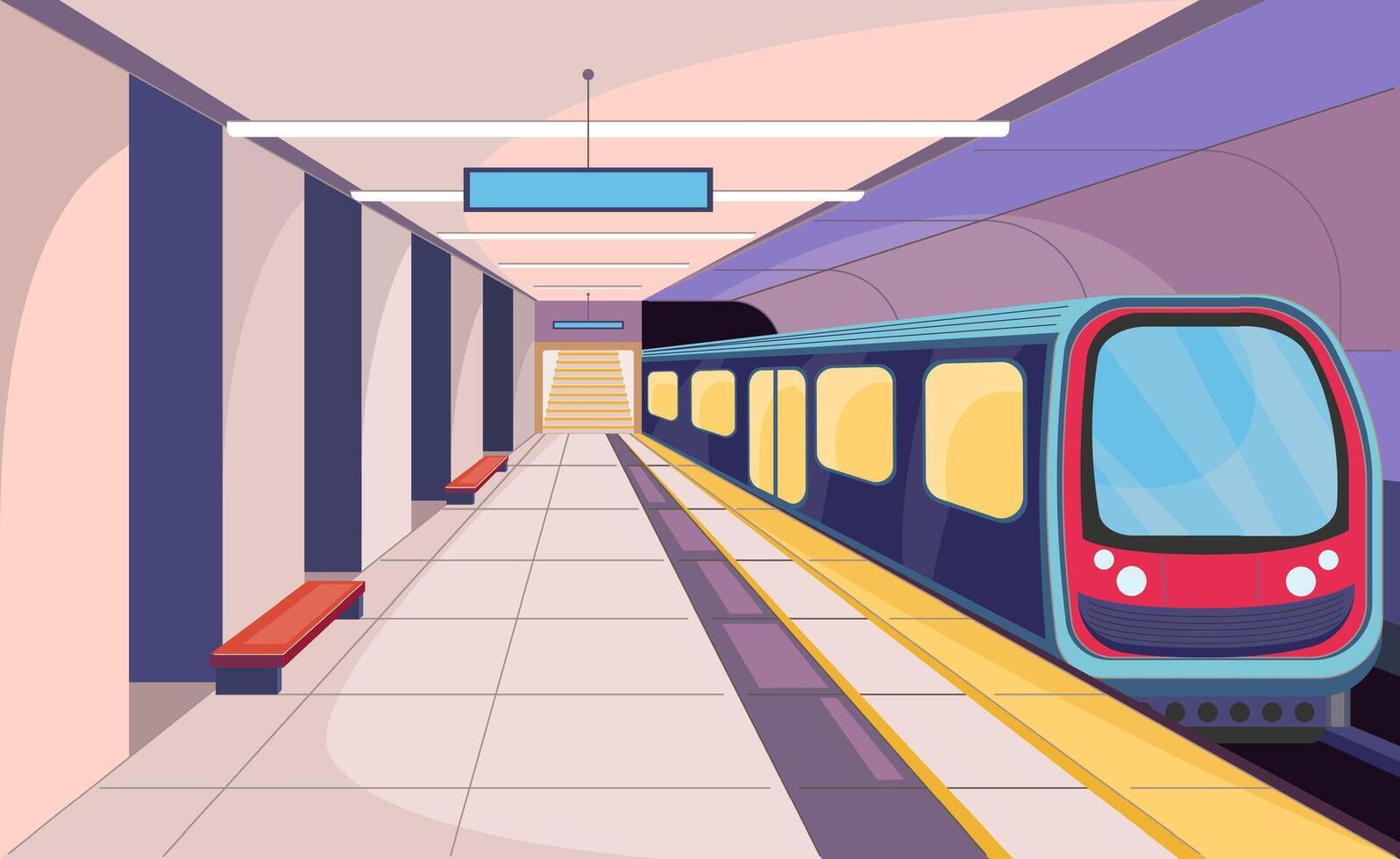 Cartoon Color Subway Station Interior Inside Scene Concept. vector