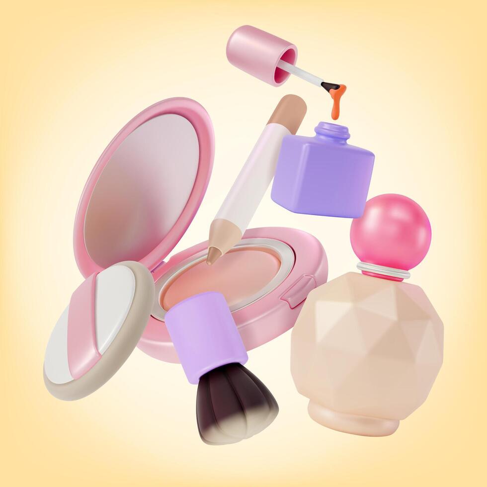 3d Makeup Cosmetic Product Concept Perfume, Nail Polish, Eyeliner, Powder and Brush Cartoon Design Style vector