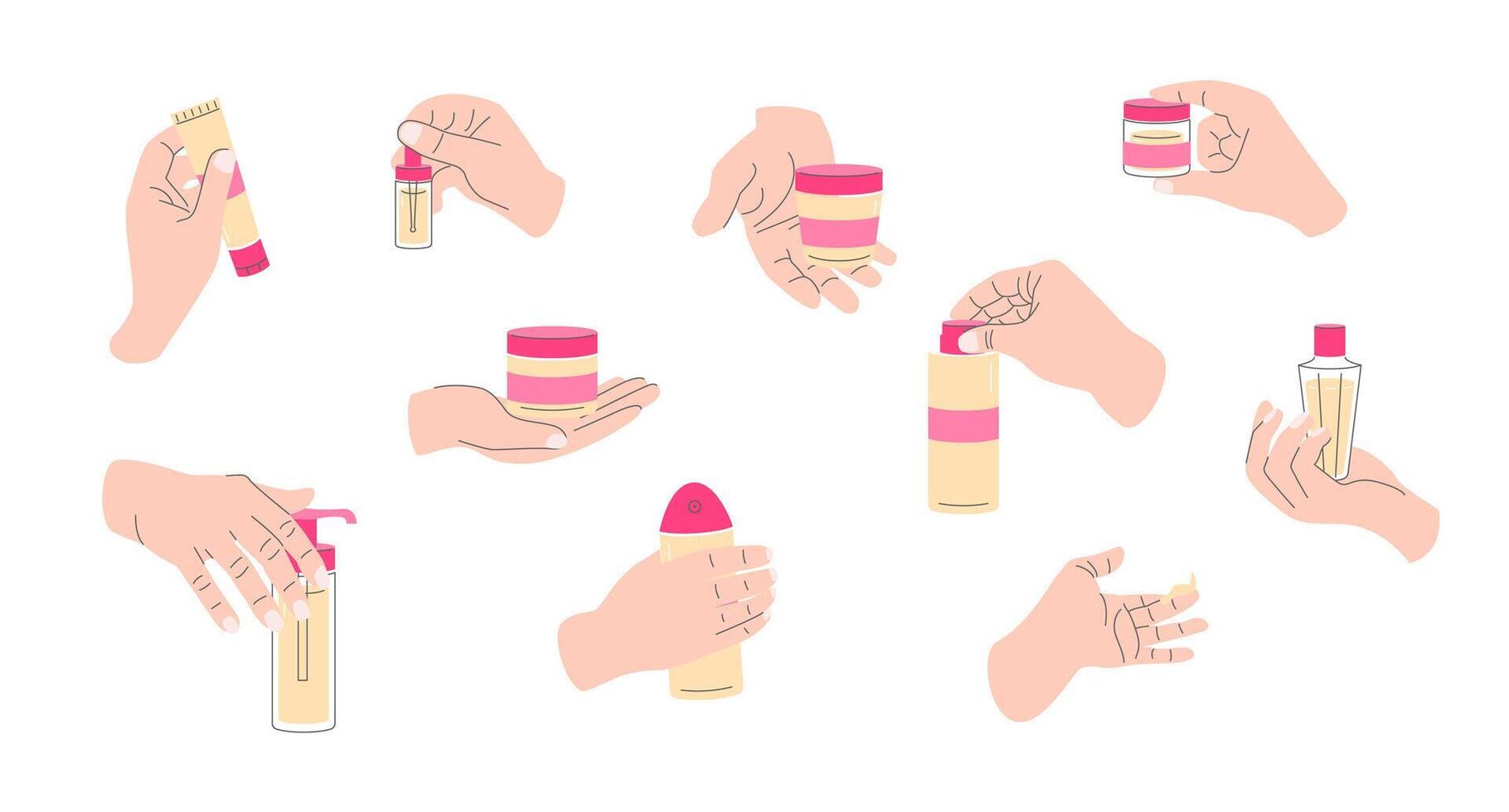 Cartoon Color Different Hands Gestures with Cosmetics Set vector