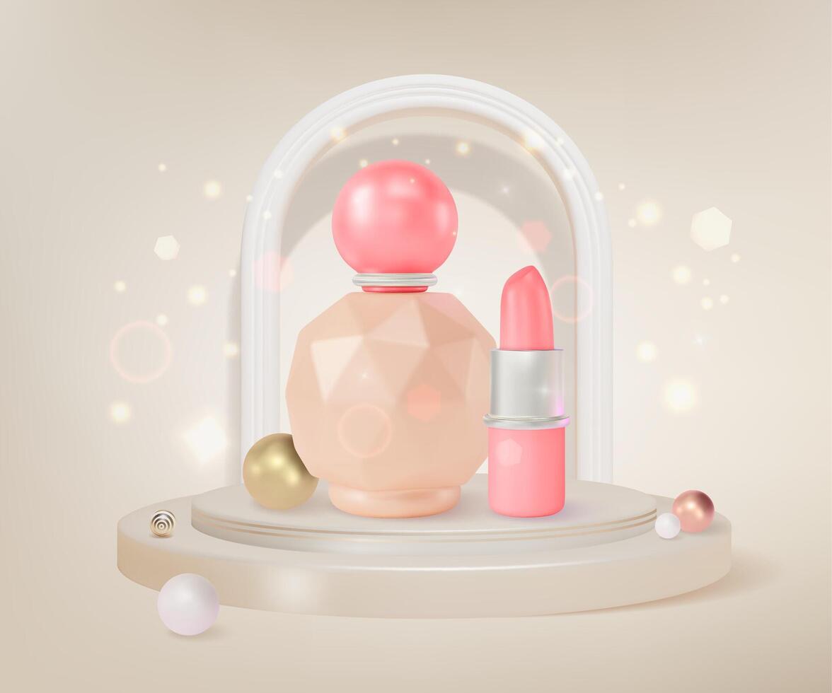 3d Round Podium Platform with Perfume and Lipstick Background Cartoon Design Style. vector