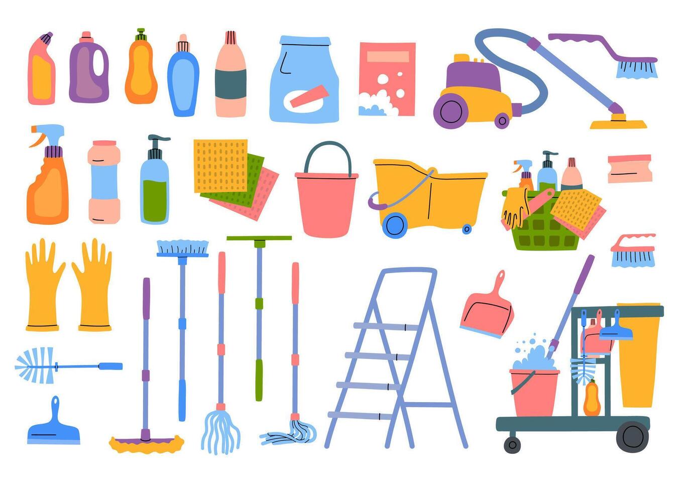Cartoon Color Different Type Cleaning Tools Icon Set. vector