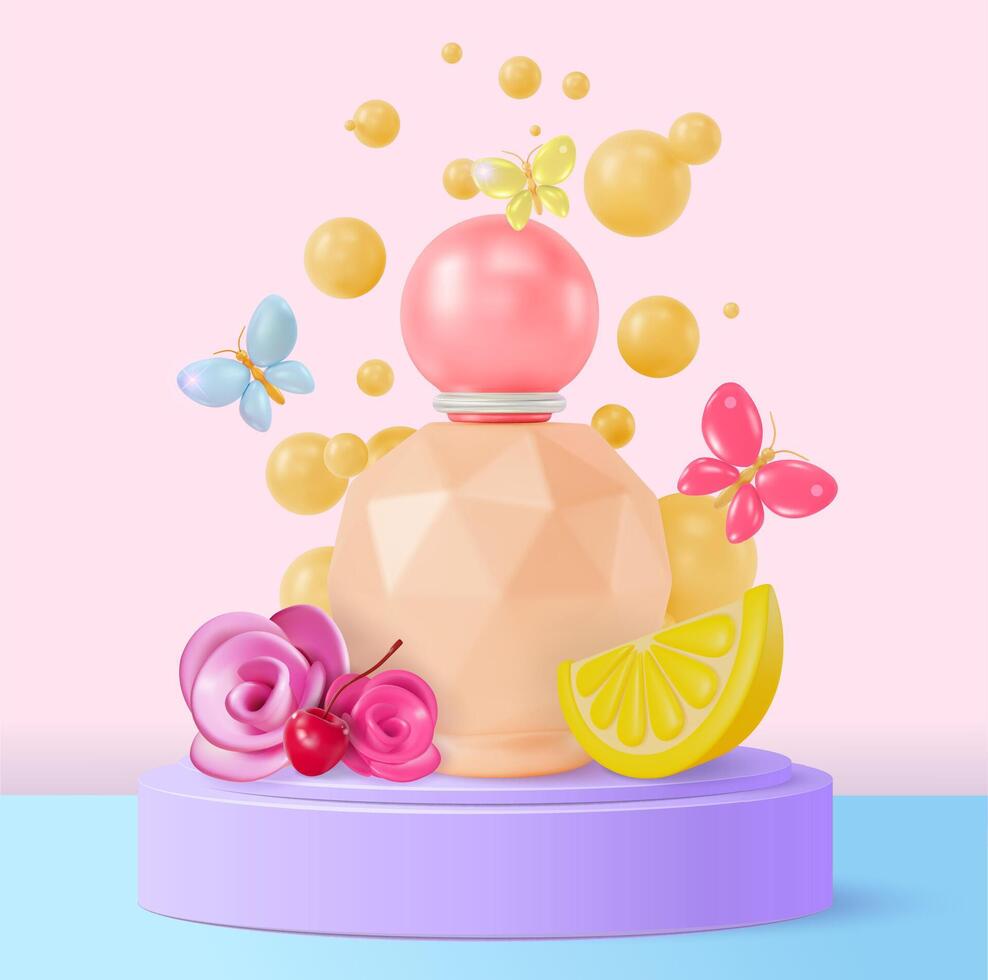 3d New Perfume Gentle Spring Cosmetic Product Concept Background Cartoon Design Style vector