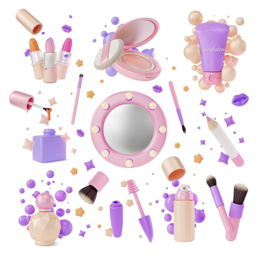 3d Makeup Cosmetic Product Concept with Bubbles and Stars Cartoon Design Style vector