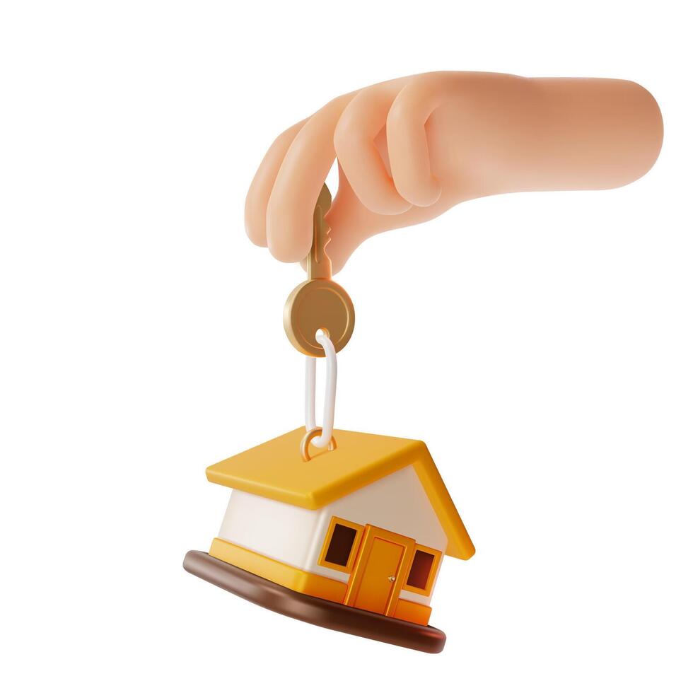 3d Financial and Banking Services Concept Hand Putting House Keychain Cartoon Design Style. vector