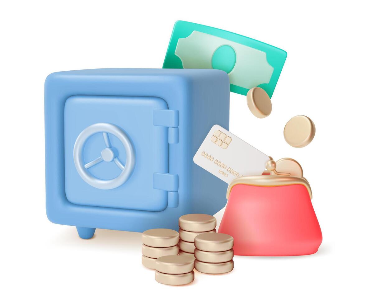 3d Financial and Banking Services Concept Safe Box and Purse Wallet Cartoon Design Style. vector